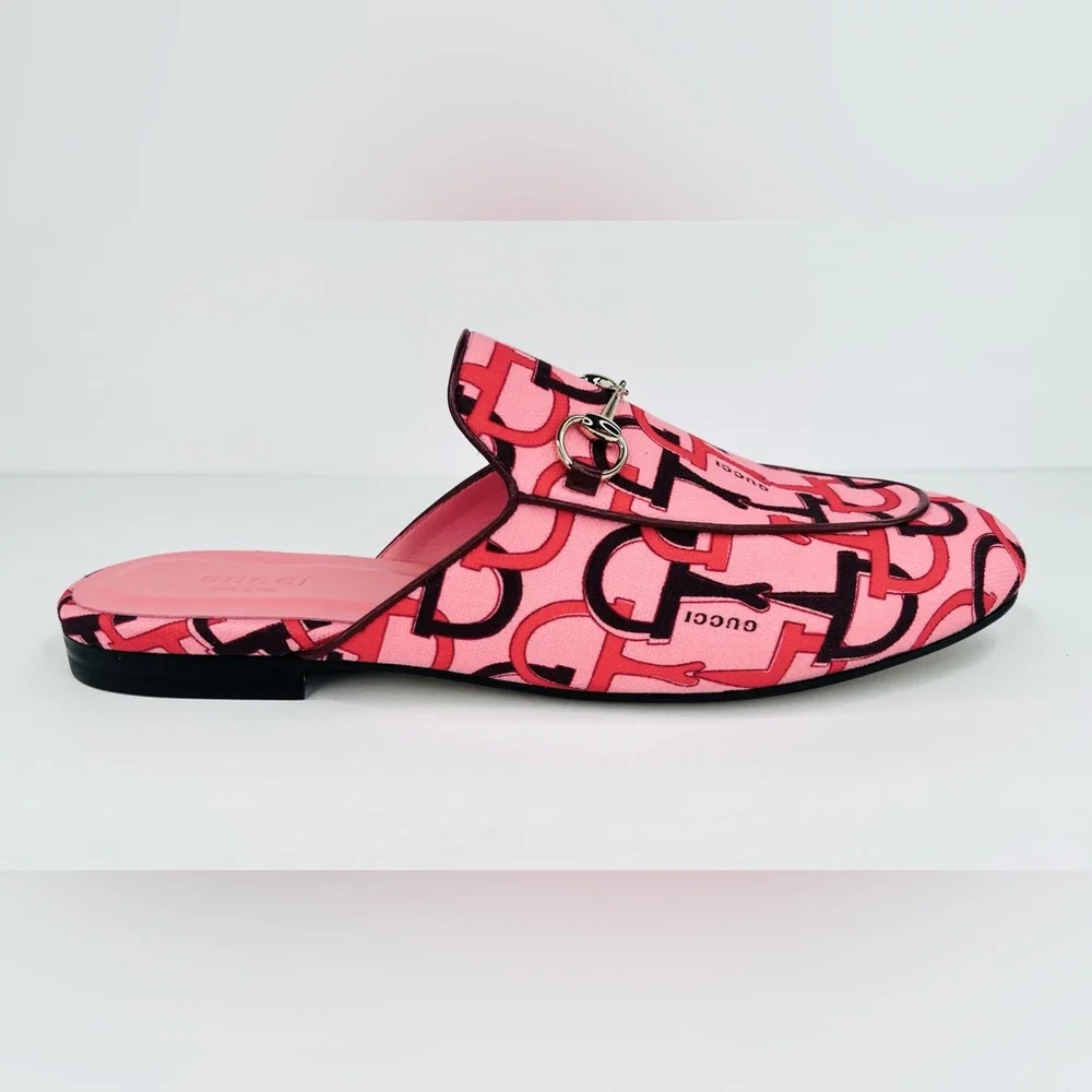 Gucci Princetown Horsebit Logo Print Pink Fabric Flat Loafer Mules Size EU 38.5 - Picture 4 of 12